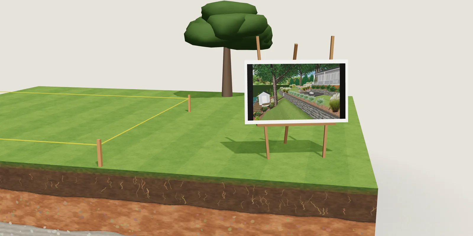 A cut-away model of a lawn with the patio area staked out in yellow string and an easel showing one of our 3D designs