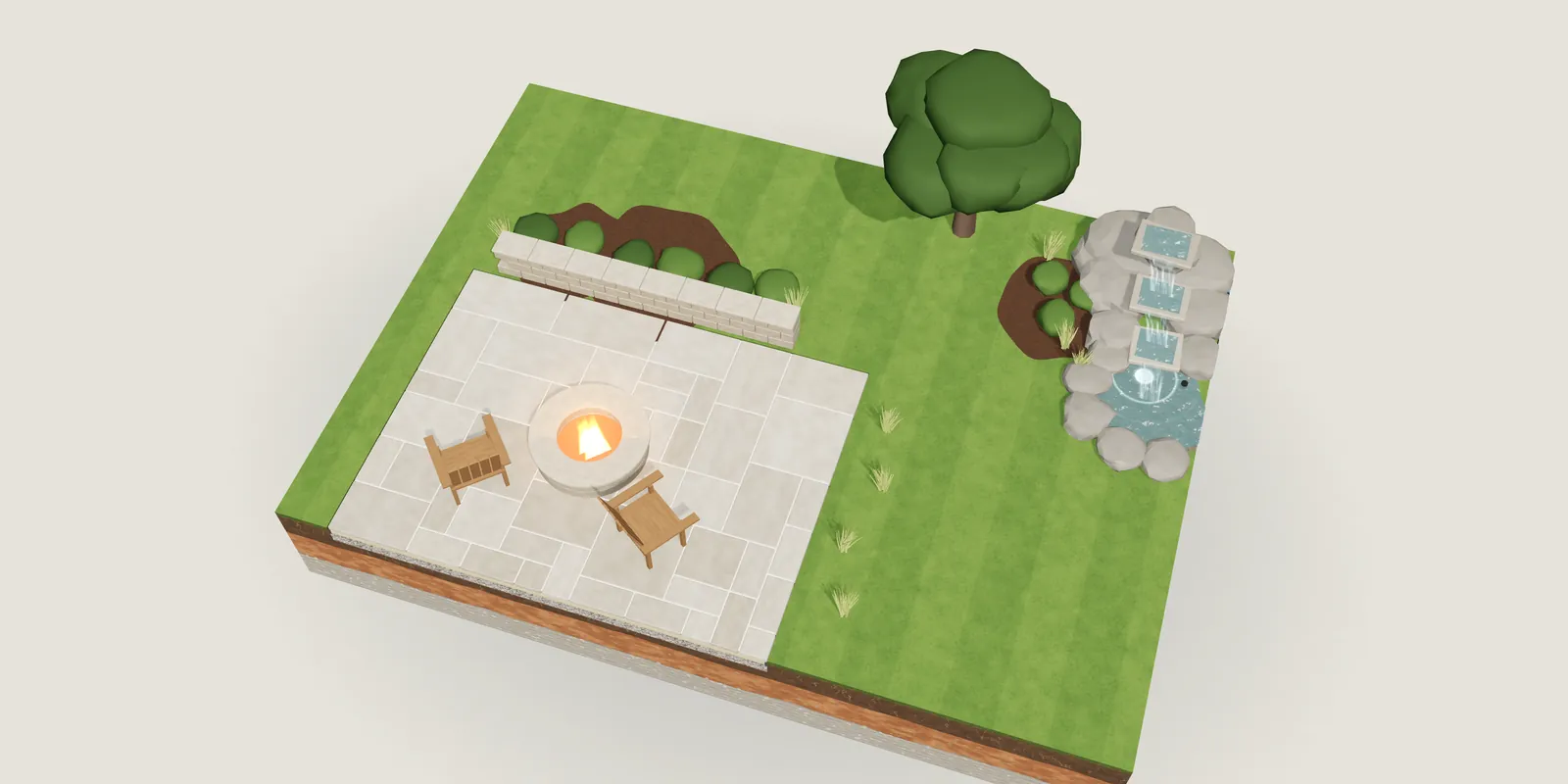 A cut-away model of a finished yard seen from above: patio, fire pit, wall and waterfall on a lawn