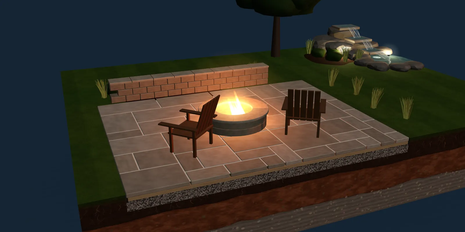 A cut-away model at dusk: a lit round fire pit and two wooden chairs on a paver patio, a stone seating wall behind