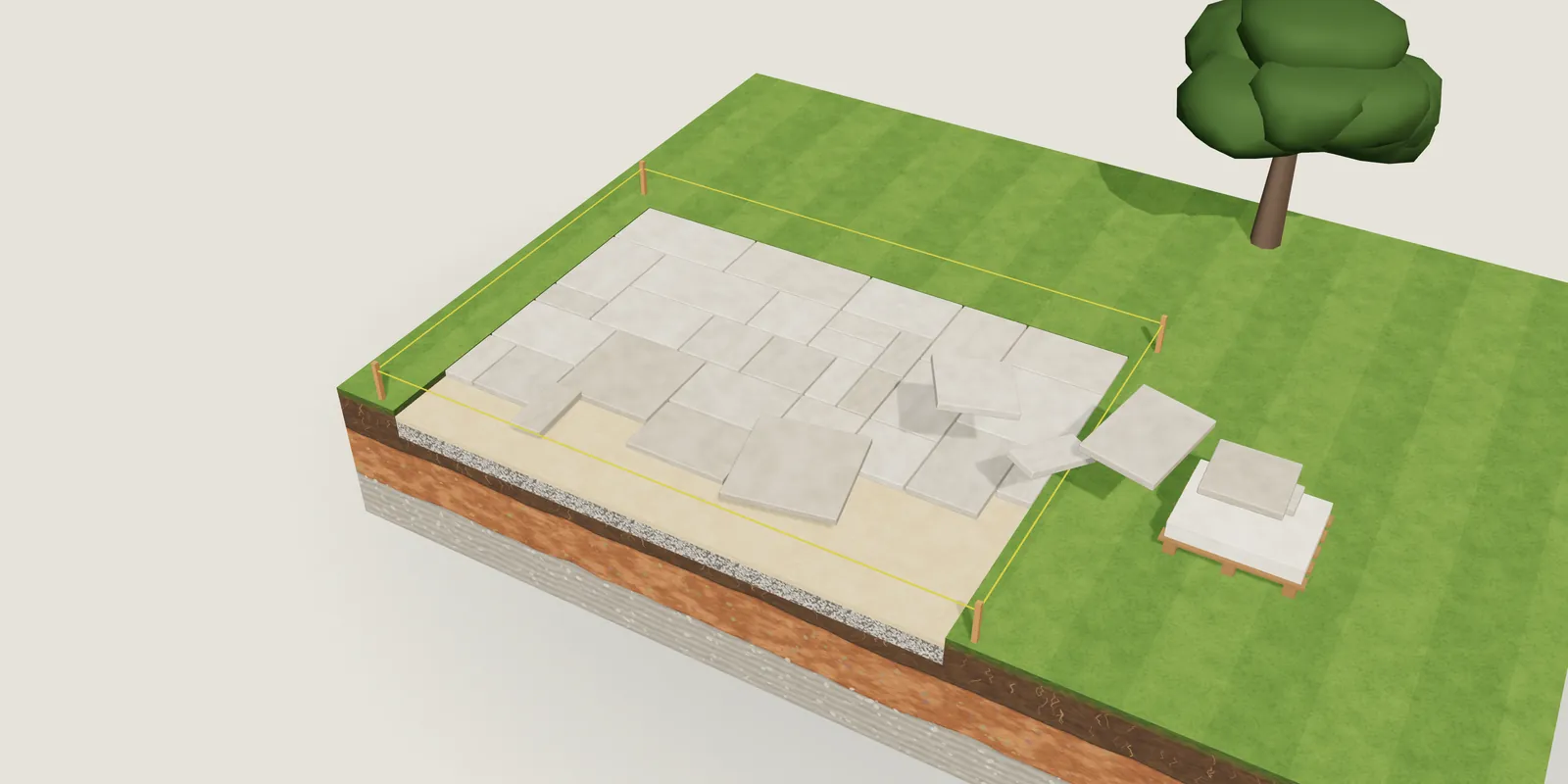 A cut-away model of a patio being laid, large-format pavers going down in a random pattern over sand and gravel