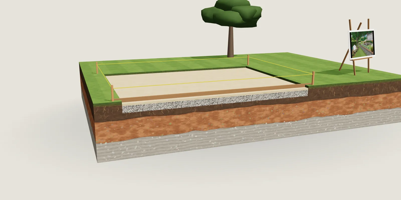 A cut-away model of an excavated patio area with a gravel base and sand bed shown in section