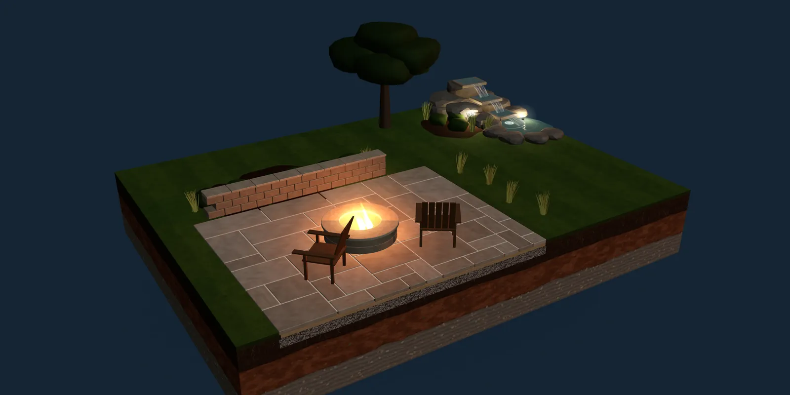 A cut-away model of a finished yard at dusk with the fire pit lit