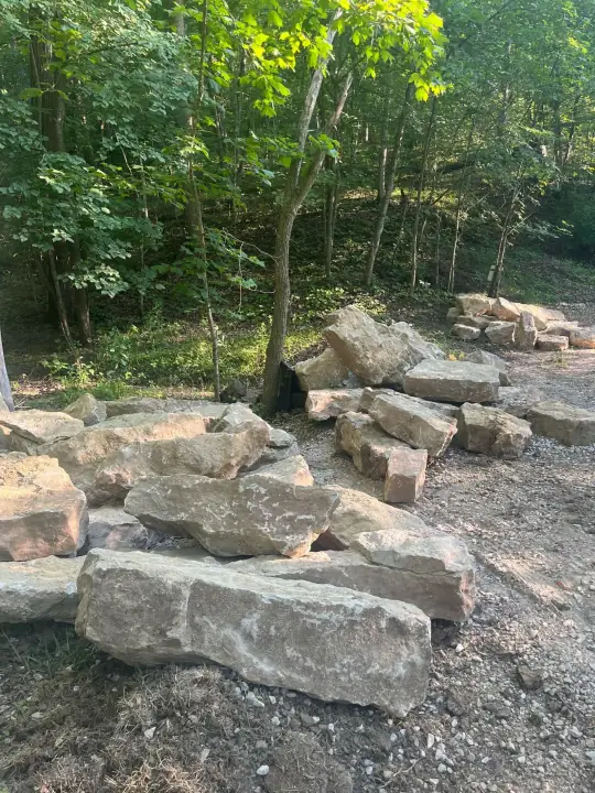 Large flat boulders stacked on a cleared slope among trees