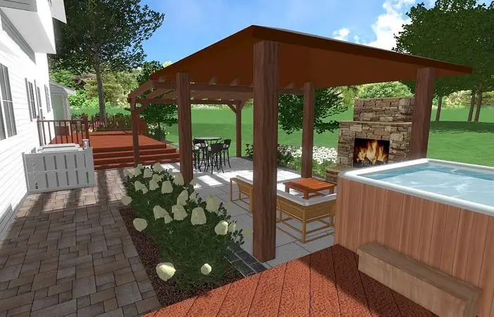 A 3D landscape design of a wooden pavilion with a stone fireplace, a hot tub and a paver patio