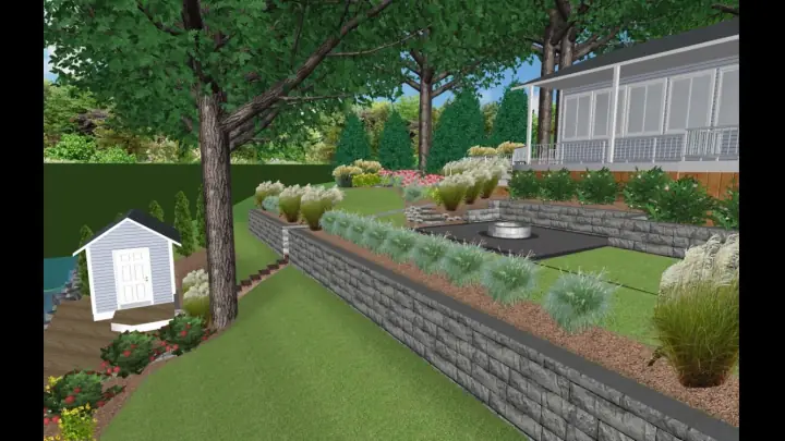A 3D landscape design with a long block retaining wall, a fire pit patio, a shed and ornamental grasses