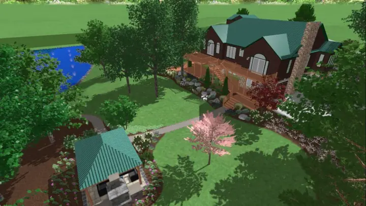A 3D landscape design of a whole property: house, pool, pavilion, lawn, paths and trees